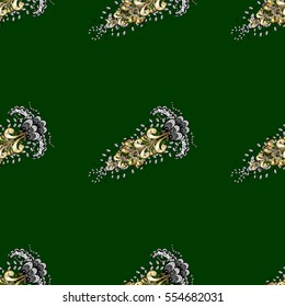 Seamless vintage pattern on green background with golden elements.