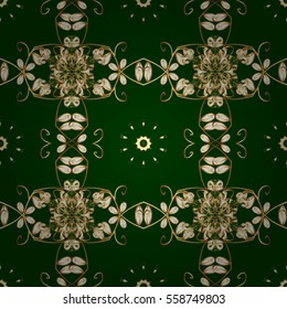 Seamless vintage pattern on green background with golden elements. Radial gradient shape.