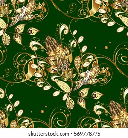 Seamless vintage pattern on green background with golden elements.