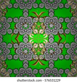 Seamless vintage pattern on green background with golden elements. Radial gradient shape.