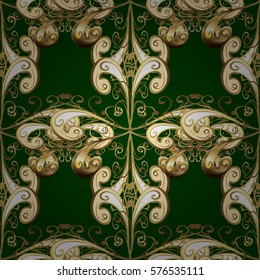Seamless vintage pattern on green background with golden elements. Radial gradient shape.