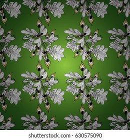 Seamless vintage pattern on green background with golden elements and with white doodles. Christmas, snowflake, new year.