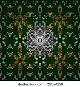 Seamless vintage pattern on green background with golden elements. Christmas, snowflake, new year.
