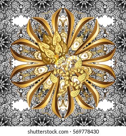 Seamless vintage pattern on grey background with golden elements.