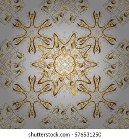Seamless vintage pattern on grey background with golden elements. Radial gradient shape.