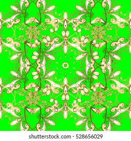 Seamless vintage pattern on light green background with golden elements.