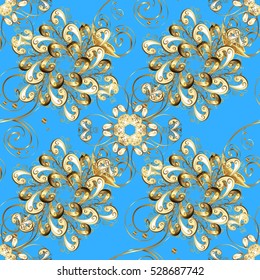 Seamless vintage pattern on light blue background with golden elements.
