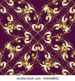 Seamless vintage pattern on lilac background with golden elements.