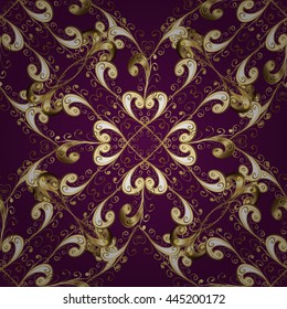 Seamless vintage pattern on lilac background with golden elements.