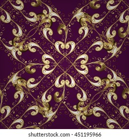 Seamless vintage pattern on lilac background with golden elements.
