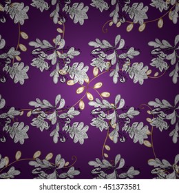 Seamless vintage pattern on lilac and violet background with white elements and shadows.