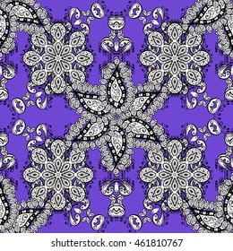 Seamless vintage pattern on lilac background with white floral elements with shadows.