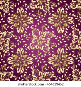Seamless vintage pattern on lilac background with golden elements.