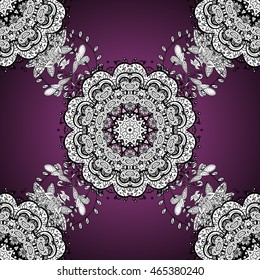 Seamless vintage pattern on lilac background with white floral elements with shadows.