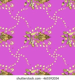 Seamless vintage pattern on lilac background with golden elements.