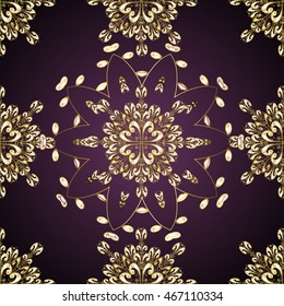 Seamless vintage pattern on lilac background with golden elements.