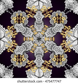 Seamless vintage pattern on lilac round gradient background with white and golden floral elements.