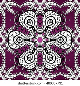 Seamless vintage pattern on lilac background with white floral elements with shadows.