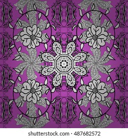 Seamless vintage pattern on lilac background with white floral elements with shadows.