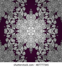 Seamless vintage pattern on lilac background with white floral elements with shadows.