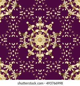 Seamless vintage pattern on lilac background with golden elements.