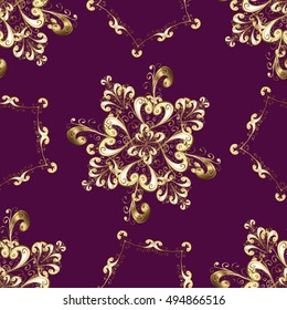 Seamless vintage pattern on lilac background with golden elements.