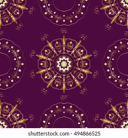 Seamless vintage pattern on lilac background with golden elements.
