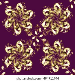 Seamless vintage pattern on lilac background with golden elements.