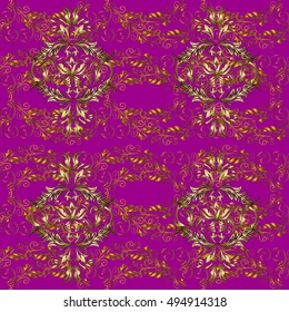 Seamless vintage pattern on lilac background with golden elements.
