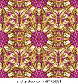 Seamless vintage pattern on lilac background with golden elements.