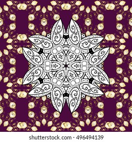 Seamless vintage pattern on lilac background with white floral elements.