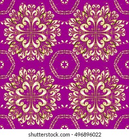 Seamless vintage pattern on lilac background with golden elements.