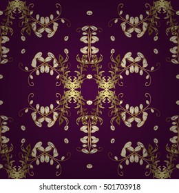 Seamless vintage pattern on lilac background with golden elements.