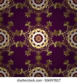 Seamless vintage pattern on lilac background with golden elements.