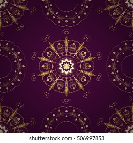 Seamless vintage pattern on lilac background with golden elements.