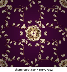 Seamless vintage pattern on lilac background with golden elements.