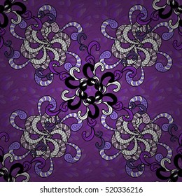 Seamless vintage pattern on lilac background with white floral elements with shadows.