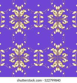 Seamless vintage pattern on lilac background with golden elements.
