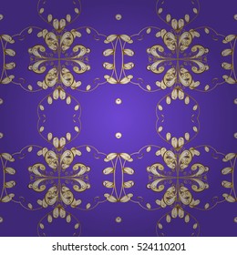 Seamless vintage pattern on lilac background with golden elements.