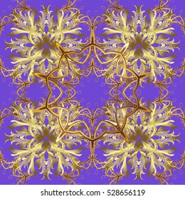 Seamless vintage pattern on lilac background with golden elements.