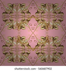 Seamless vintage pattern on lilac background with golden elements. Snowflake, New Year, Christmas. Radial gradient shape.