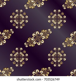 Seamless vintage pattern on lilac and purple background with golden elements. Christmas, snowflake, new year 2018.