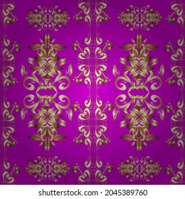 Patrón vintage sin inconfundible en los colores magenta, beige y marrón con elementos dorados. Navidad, copo de nieve, año nuevo 2019.