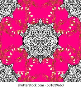 Seamless vintage pattern on magenta background with golden elements and with white doodles. Christmas, snowflake, new year.