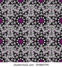 Seamless vintage pattern on magenta background with grayen elements. Christmas, snowflake, new year. Seamless pattern with gray elements.