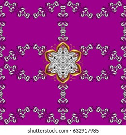 Seamless vintage pattern on magenta background with golden elements and with white doodles. Christmas, snowflake, new year.