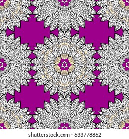 Seamless vintage pattern on magenta background with golden elements. Christmas, snowflake, new year. Golden pattern on magenta background with golden elements.