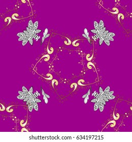 Seamless vintage pattern on magenta background with golden elements and with white doodles. Christmas, snowflake, new year.