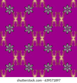 Seamless vintage pattern on magenta background with golden elements and with white doodles. Christmas, snowflake, new year.