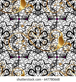 Seamless vintage pattern on magenta background with golden elements and with white doodles. Christmas, snowflake, new year.